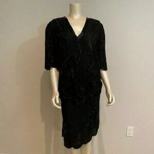 VTG Judith Ann Plus 100% Silk Black Beaded 2 Piece Skirt & Blouse